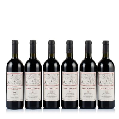 six bottles of red wine are lined up in a row