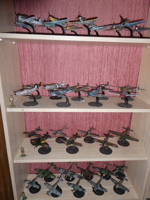 il y a beaucoup d'avions miniatures sur les étagères de la pièce