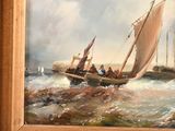 a painting of a boat with people on it in the water