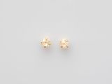 a pair of small gold stud earrings on a white background
