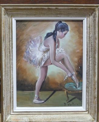 a painting of a woman in a tutu bending over a wheelbarrow