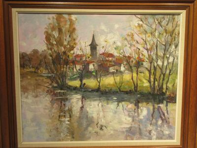 tableau représentant une scène fluviale avec une église au loin