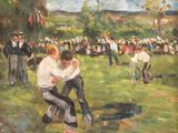 a painting of two men playing a game of baseball