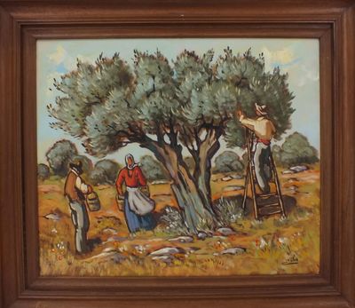une peinture à l'huile représentant un groupe de personnes travaillant dans un champ