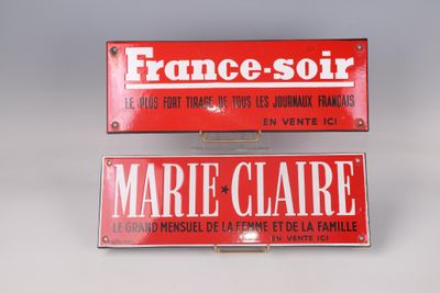 two red and white street signs on a white surface