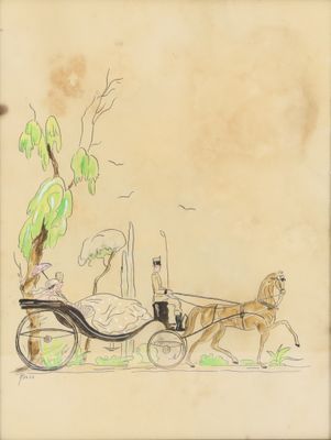 drawing of a woman in a horse drawn carriage with a man and a dog