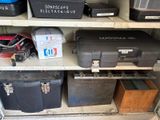 many different types of boxes on a shelf