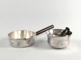 pair of silver plated bowls with wooden handles and spoons