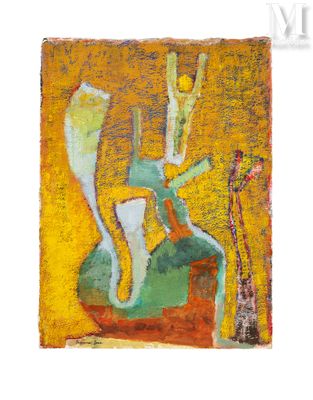 peinture abstraite représentant un vase avec des fleurs et un autre vase posé sur une table