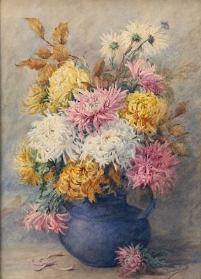 une peinture de fleurs dans un vase bleu sur une table