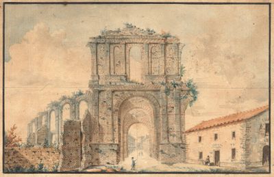 an old drawing of a building with a gate in the middle of it