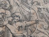 drawing of a man shooting a bow at a group of men