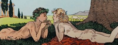 painting of two naked women laying in the grass under a tree