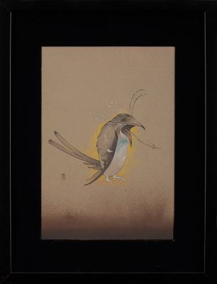 painting of a bird on a brown background with a black frame
