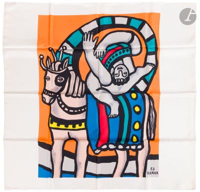 tableau aux couleurs vives représentant un homme à cheval avec une femme à ses côtés