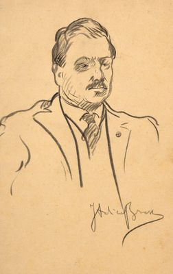 drawing of a man in a suit and tie with a pipe in his mouth