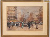 painting of a busy city street scene with people walking on the sidewalk
