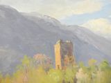 an oil painting of a castle in the middle of a field
