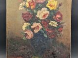peinture d'un vase de fleurs sur une table sur fond noir