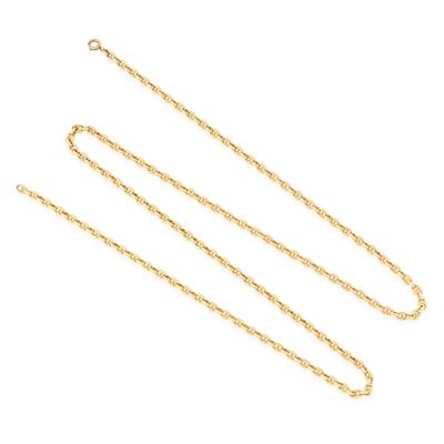 a pair of gold chain necklaces on a white background