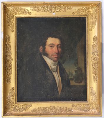 an old painting of a man in a suit and tie in a gold frame