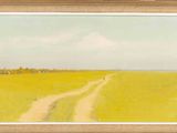 an oil painting of a dirt road in the middle of a field