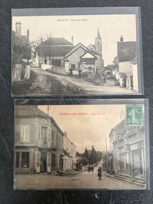 two old postcards of a street scene and a church