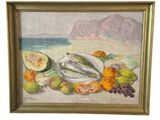 tableau représentant une nature morte avec des fruits et du poisson sur une plage
