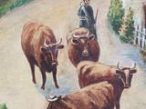 a painting of a man leading a herd of cows down a road