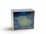 the box is clear with a blue and white design on it