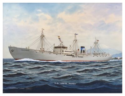 painting of a large white ship in the middle of a body of water