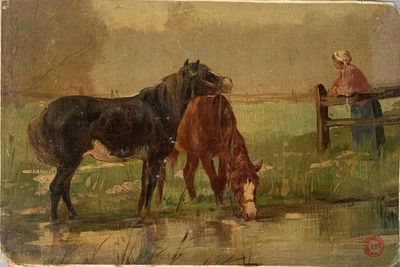 painting of two horses drinking water from a pond with a man sitting on a bench in the background