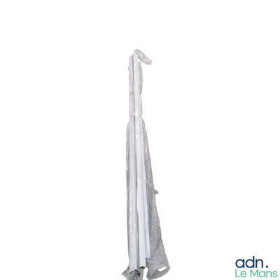 a white umbrella that is hanging on a clothes rack