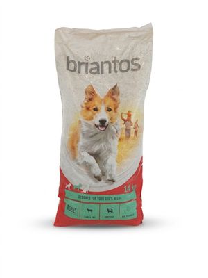 un sac blanc de croquettes pour chien sur lequel est assis un chien brun