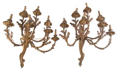 paire d'appliques murales anciennes en laiton avec fleurs et feuilles