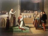 une image représentant un tableau où l'on voit un groupe de personnes debout autour d'un prêtre