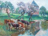 tableau représentant des vaches buvant l'eau d'un ruisseau devant une église