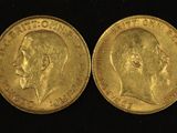 two gold sovereigns, one with the head of a man and the other of a woman