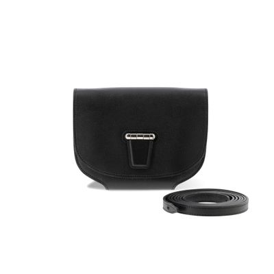 the small black bag is next to a belt on a white background
