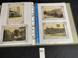 an old photo album with pictures of buildings and buildings on it