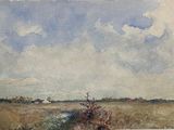 an image of a painting of a field with a house in the distance