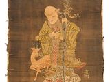 an old painting of a man with a deer and a bird