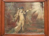 une peinture à l'huile représentant une femme tenant un pistolet dans une pièce