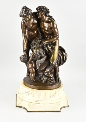 an image of a bronze statue of two men on a marble base