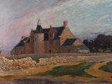 a painting of a castle with a clock tower on top of it