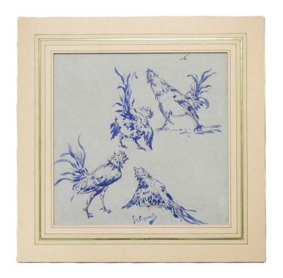 a blue and white drawing of two birds on a blue background