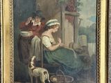 an old painting of a woman and a dog in front of a house
