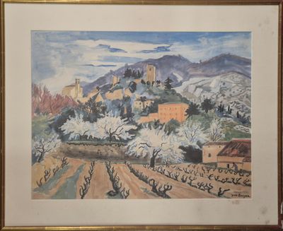 l'image d'un tableau représentant un paysage avec un château en arrière-plan