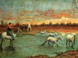 un tableau représentant un homme à cheval gardant un troupeau de moutons