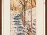 an image of a watercolor painting of trees in a snowy landscape